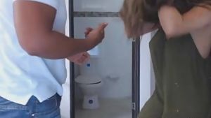 Hot and horny babe teasing her plumber and tries to suck him