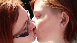 Cute hairy lesbians lick each other outdoors